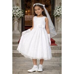 NEW Girls First Holy Communion Dress Size 7 - Embroidered Organza w/Satin Ribbon